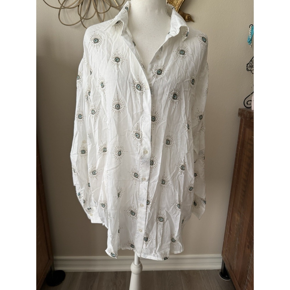Elan Evil Eye Shirt Dress M White Blue Cotton Oversized Swim Cover Up Boho